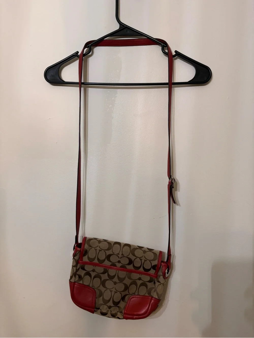 Coach Khaki Signature Canvas Crossbody with Red Trim
